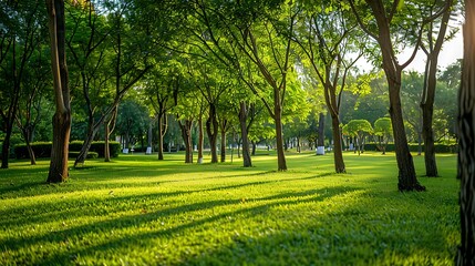 Real-life photo capturing several trees closely grouped together horizontally on the grass in a park