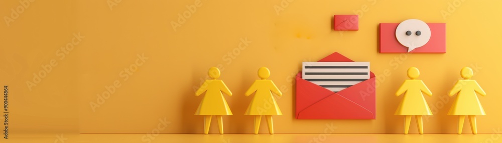 Poster colorful scene with yellow figures and an envelope, symbolizing communication and connection in a vi