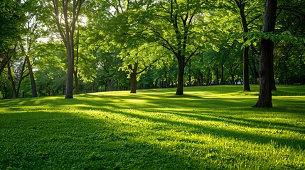 Obraz premium Real-life photo capturing several trees closely grouped together horizontally on the grass in a park