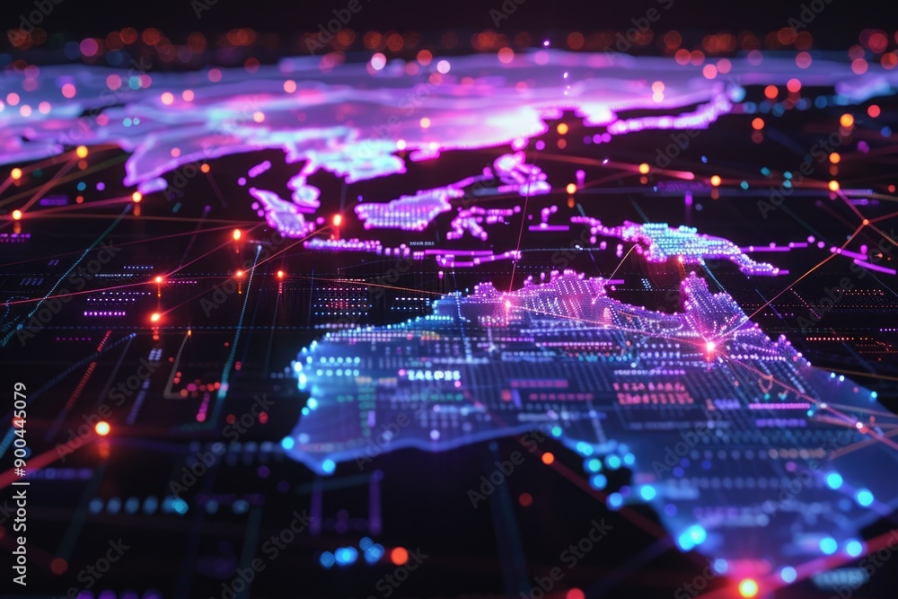 Poster a map of the world showing numerous bright lights, suitable for representing global connectivity and