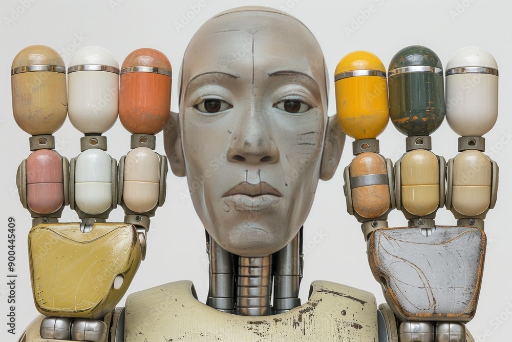 Poster robot with multiple heads in a high tech lab shades of white and grey detailed and imaginative futur