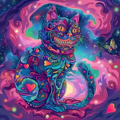 Obraz premium A psychedelic cat with a wide grin sits amidst swirling cosmic patterns and glowing hearts.