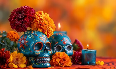 A vibrant and cultural Dia de los Muertos scene featuring sugar skulls, marigold flowers, and candles against a bright orange background