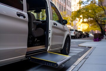 Photo of an electric wheelchair lifting device connecting a platform to a van on a street in a city