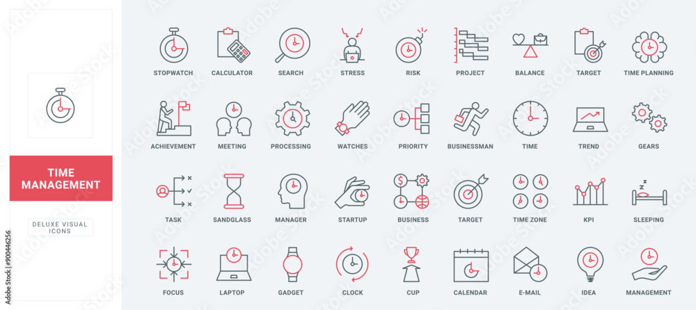 Aufkleber time management, business project planning line icons set. task processing priority, clock and calen