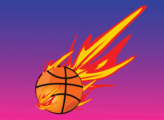 Fiery basketball flying through the air leaving a trail of flames