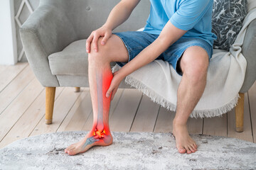 Achilles tendon injury, plantar fasciitis, joint inflammation, foot pain, man suffering from feet...