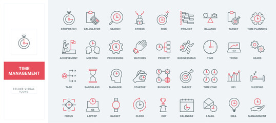 Time management, business project planning line icons set. Task processing priority, clock and calendar, mobile gadget to plan work life balance thin black and red outline symbols vector illustration