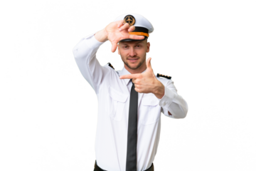 Airplane pilot man over isolated background focusing face. Framing symbol