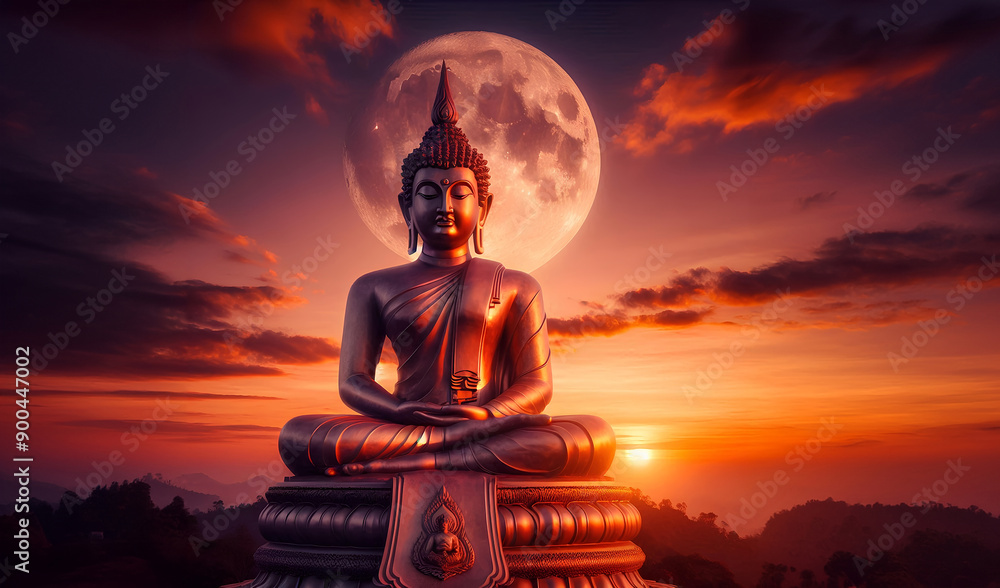 Wall mural thai-style buddha statue in meditation pose, sitting on a stone