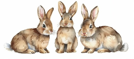 watercolor three cute brown bunnies isolated on a white background, in the style of clipart