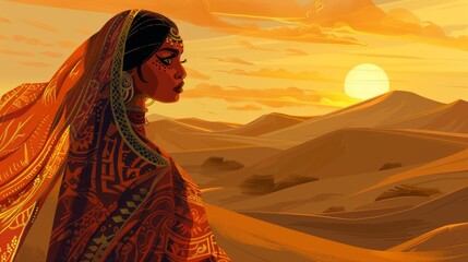 A woman in a colorful shawl stands against a vast desert landscape at sunset.