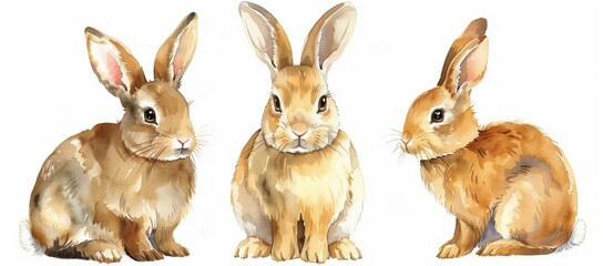 watercolor three brown rabbits clipart, set of vector illustrations in the style of on white background