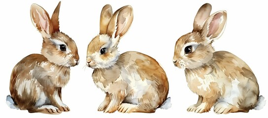 watercolor three brown rabbits clipart, set of vector illustrations in the style of on white background