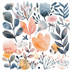 Colorful Watercolor Botanical Illustration Featuring Leaves and Flowers in Modern Abstract Style