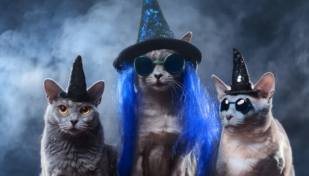 drei, katze, gruppe, halloween, tier, tiere, close up, kost&uuml;m, blau, neu, qualm, nebel, mystisch, maskerade, sonnenbrille, katzen, party, urlaub, nacht, nachts, k&auml;tzchen, 3, ad, karte, copy space, y2k