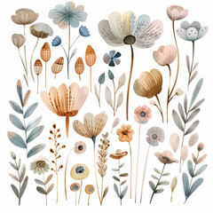 Watercolor Botanical Illustration with Delicate Pastel Flowers and Elegant Leaves