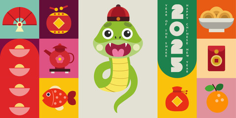 Naklejka premium New Year 2025 greeting card or banner design with snake and chinese decorative elements