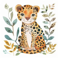 Adorable Watercolor Cheetah Cub Illustration with Botanical Elements