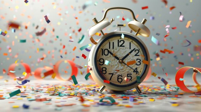 Time to Celebrate: A vintage alarm clock takes center stage amidst a flurry of colorful confetti, marking a momentous occasion with joy and festivity. 