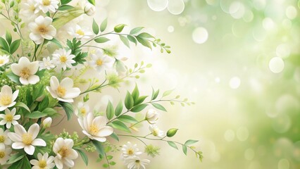 Delicate white flowers and lush greenery on a soft, creamy background create a romantic and sophisticated setting perfect for wedding invitations and stationery designs.