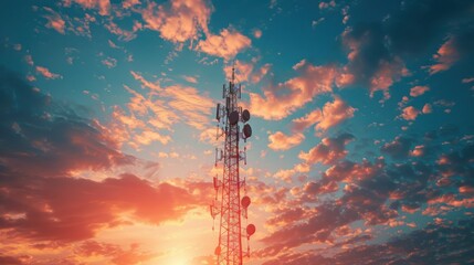 Naklejka premium Sunset Cell Tower: A towering cell tower reaches towards a vibrant sunset sky, capturing the beauty of technology and nature's breathtaking hues. The silhouette of the tower against the clouds evokes 