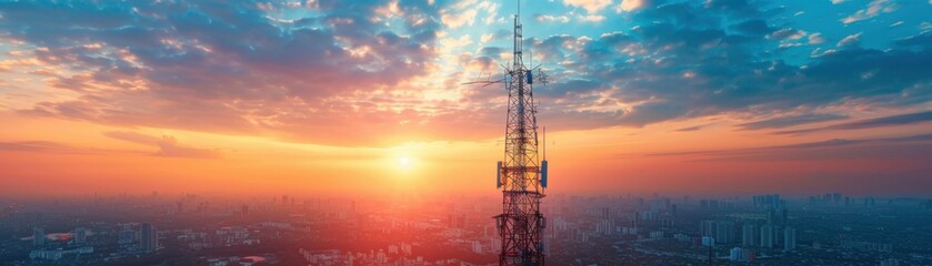 Golden Hour Skyscraper:  A majestic skyscraper pierces the clouds during a vibrant sunset, bathed in golden light and casting a long shadow over the city below