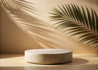 Obraz premium Rounded stone pedestal with organic texture and subtle palm leaf shadow on a warm beige background, perfect for elegant product showcase and presentation.