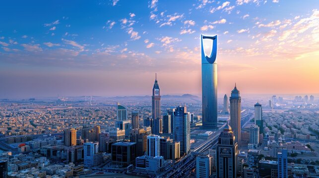 City skyline view at sunset with skyscrapers and urban architecture in New York and Shanghai