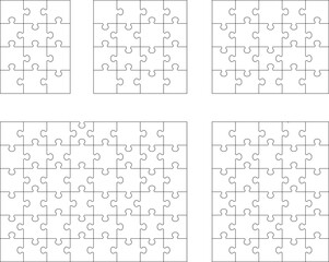Illustration of five white puzzles, separate parts	