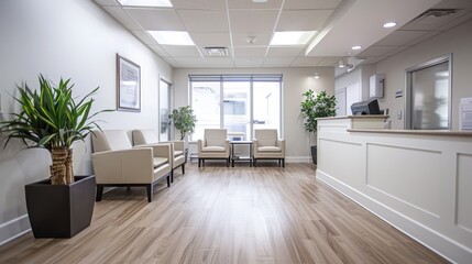 Obraz premium Modern Reception Area: A clean and inviting reception area with hardwood floors, beige furniture, and large windows. Perfect for showcasing your business's professionalism and welcoming atmosphere. 
