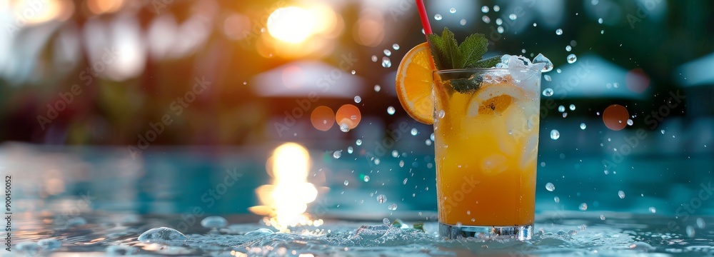 Poster refreshing summer drink splashing in pool