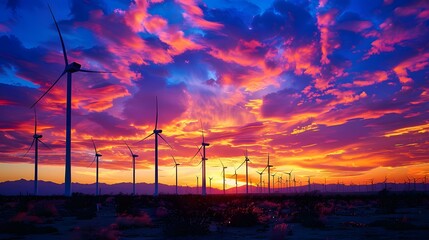 Obraz premium Wind turbine field at sunset, dramatic sky. 