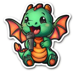 Obraz premium Cute Green Dragon Singing with Microphone
