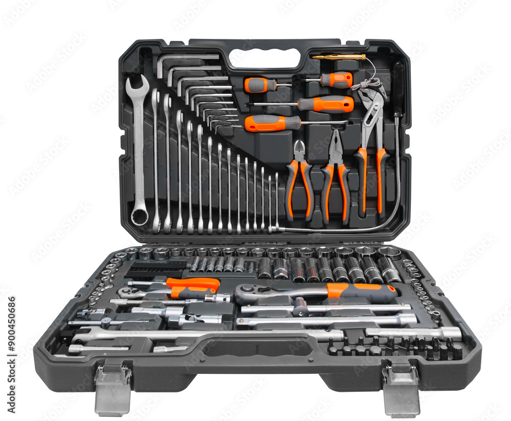 Poster A toolbox with many tools inside. The toolbox is black and silve