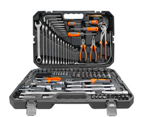 A toolbox with many tools inside. The toolbox is black and silve