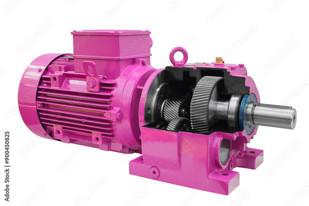 Poster a pink machine with gears and a motor isolated on white background. oncept of precision and engineer