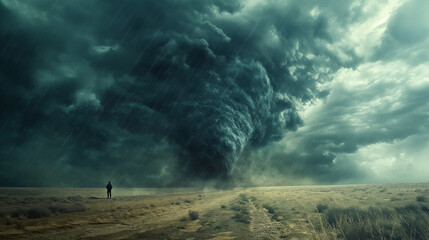 A dramatic scene of nature, where a powerful tornado spirals down from a dark, stormy cloud formation. The tornado appears to be touching down in a flat, open area with sparse vegetation