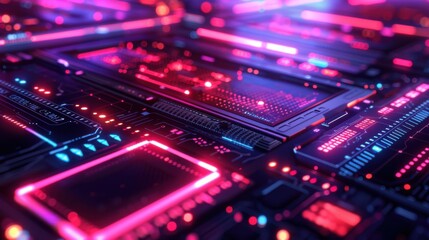 Neon Circuitry: A close-up of a futuristic circuit board bathed in vibrant neon pink and blue light, creating a mesmerizing abstract backdrop. The intricate design and glowing lines evoke