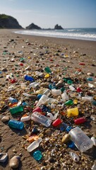 Sand and pebbles littered with plastic waste, urgent environmental pollution issue