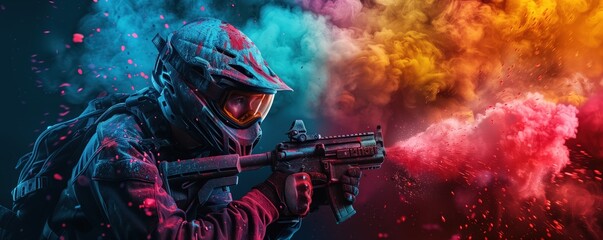 Chronographic paintball player with gun and backpack depicted in the style of a colorful powder explosion on a black background, viewed from the side, could serve as a banner design