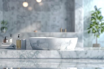 Marble podium for bathing product display on blurred bathroom background with generative ai