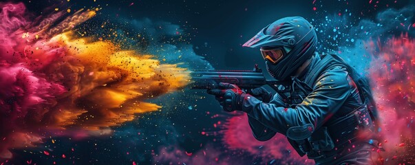 Chronographic paintball player with gun and backpack depicted in the style of a colorful powder explosion on a black background