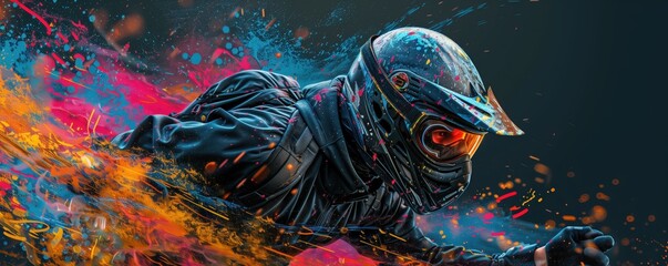 Black background, a paintball player in full gear with a backpack covered in the style of a colorful powder splash, in a dynamic pose, from the side view