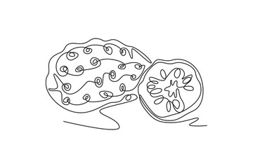 Single one line drawing whole and half sliced healthy organic noni orchard logo identity. Fresh tropical fruitage concept for fruit garden icon. Continuous line draw design graphic vector illustration