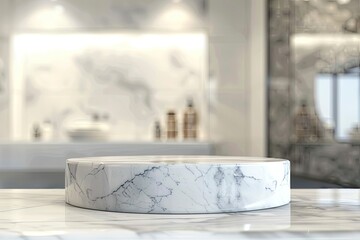 Marble podium for bathing product display on blurred bathroom background with generative ai