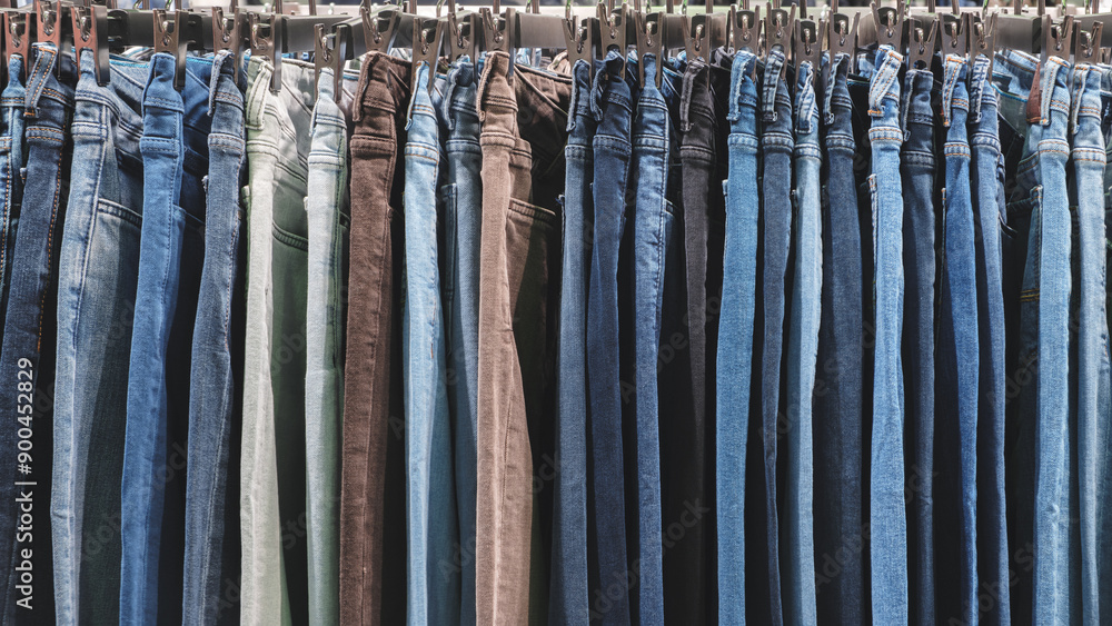 Poster a row of jeans hanging on a rack. the jeans are of different colors and styles. concept of variety a