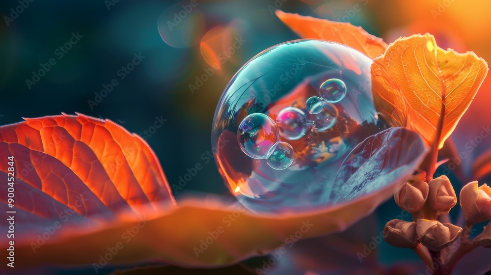Poster macro shot of a bubble on a leaf.