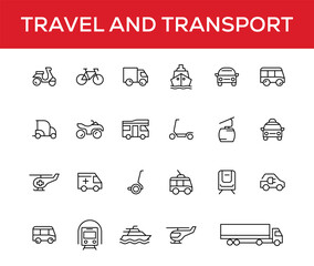 Travel and Transport line icon set. Containing car, bike, plane, train, bicycle, motorbike, bus and scooter icons. Transportation Simple line icon collections