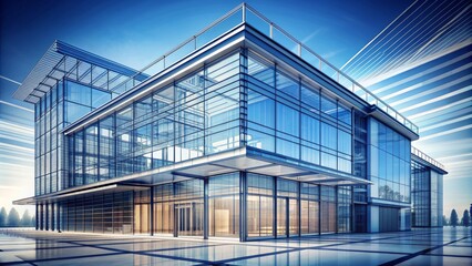 Intricately detailed architectural blueprint drawing of a sleek modern commercial building featuring clean lines, bold shapes, and expansive glass windows and rooftops.